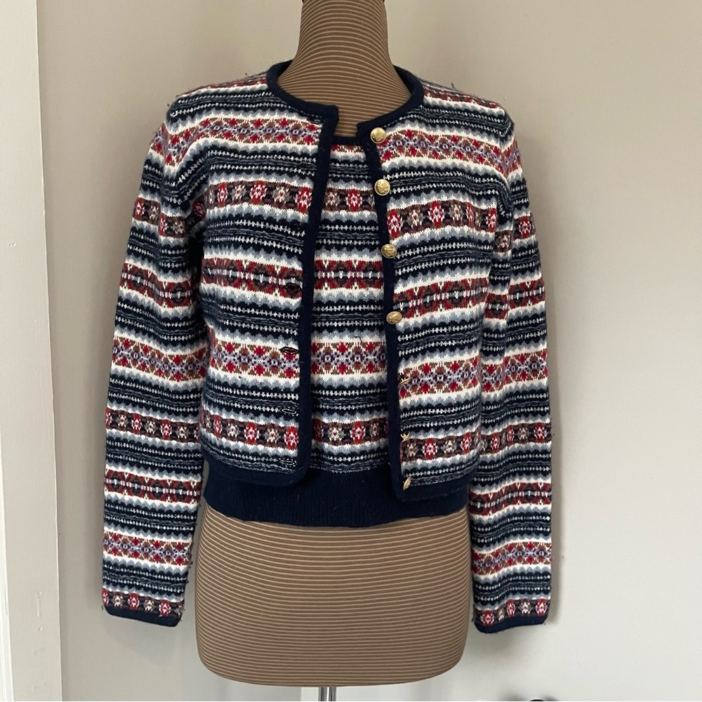 J Crew Boiled Wool Fairisle Lady Jacket with Gold Buttons size M *jacket only*